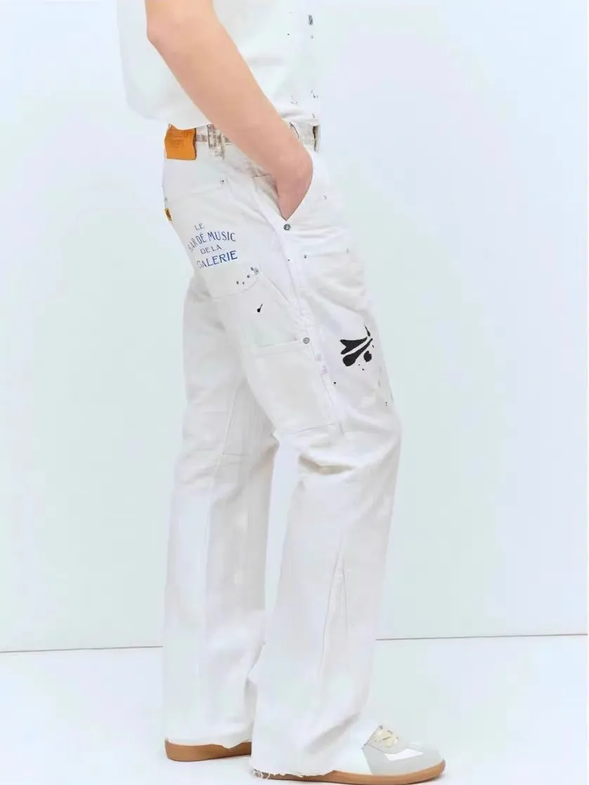 660#Gallery Dept new hand-painted splash-ink mud-dyed distressed style overalls logging pants washed off-white spliced ​​micro-flared jeans beautiful trendy versatile casual pants off-white S~XL P270